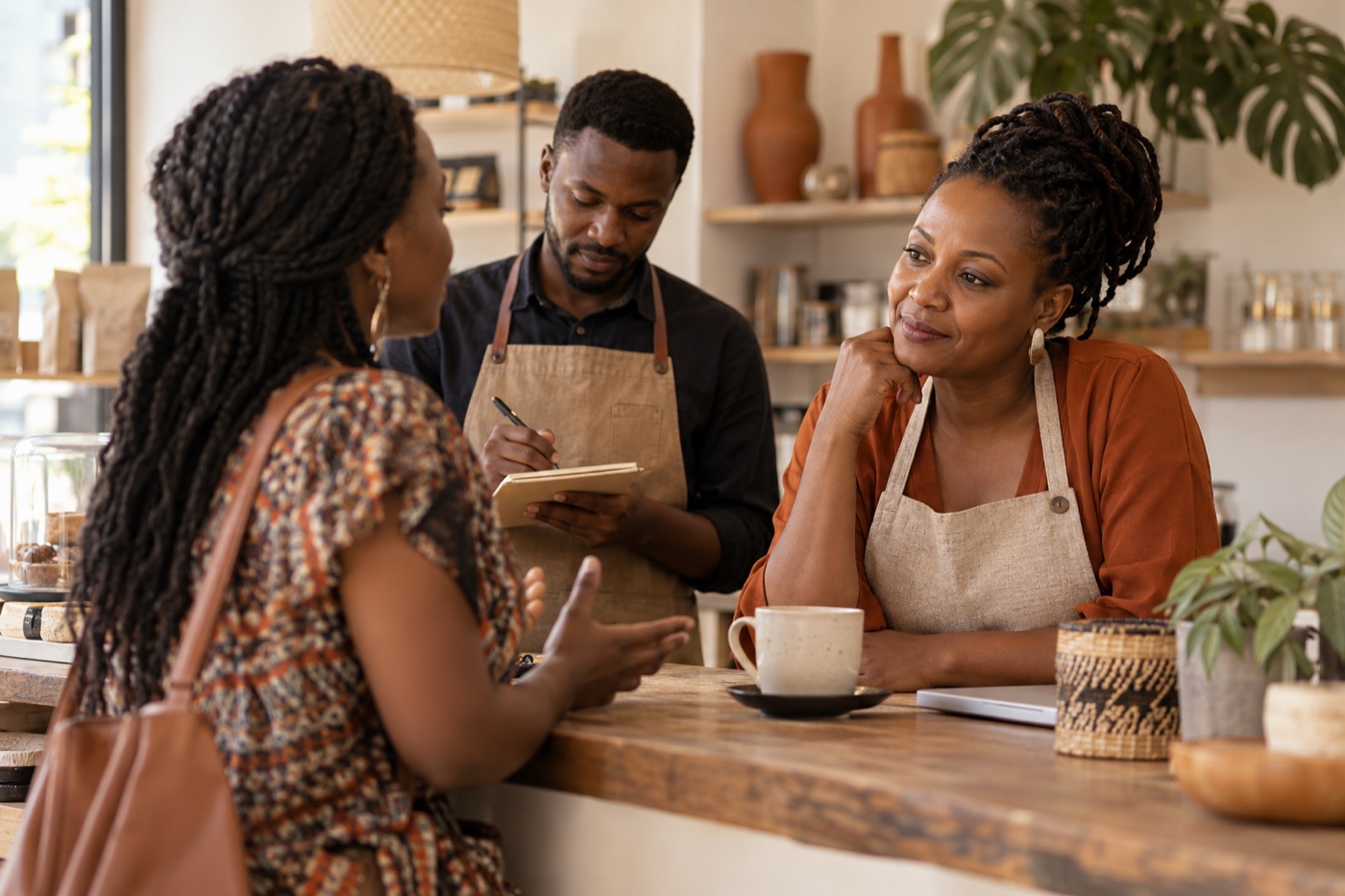 Nairobi business owner listening to a customer while a colleague takes notes